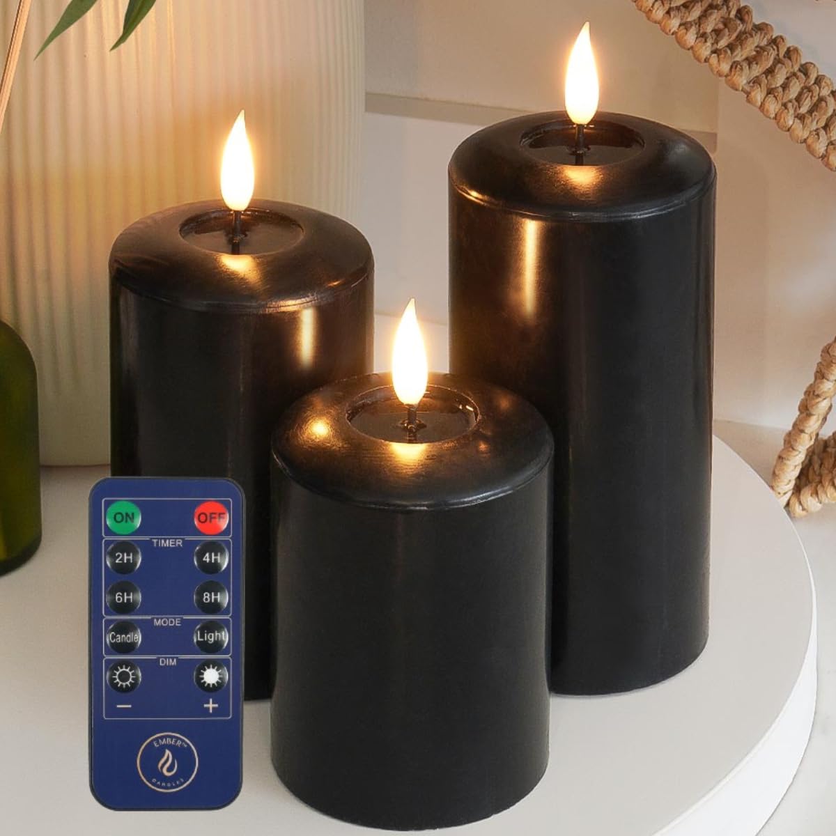 Ember Candles™ 3 Pack Signature Black, LED Flickering Battery Candle with Remote & Timer, 100% Real Wax, Ultra-Realistic, Flameless, Hand-Poured Design Mood Lighting for Home, Parties, Events