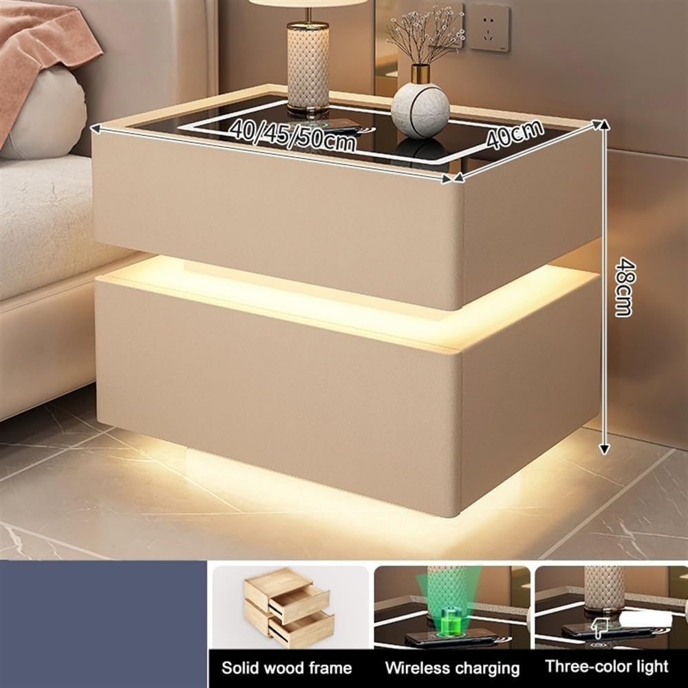 Smart Nightstand, Modern Wireless Charging Bedside Table, Night Stand with 2 Drawers for Bedroom, Night Table with Light, Side Table End Table for Bedroom(Khaki,15.7x15.7x18.9in)