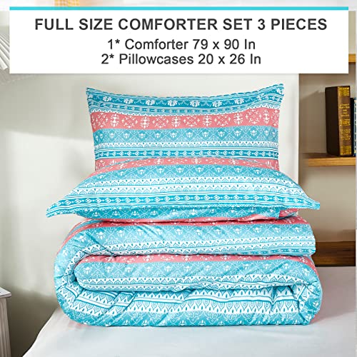 Andency Boho Mandala Striped Comforter Full Size, 3 Pieces Bohemian Coral Aqua Lightweight Fluffy Bedding Comforter Set For Full Bed, Colorful Soft Vintage Elegant Microfiber Bed Set For All Seasons #TOP7