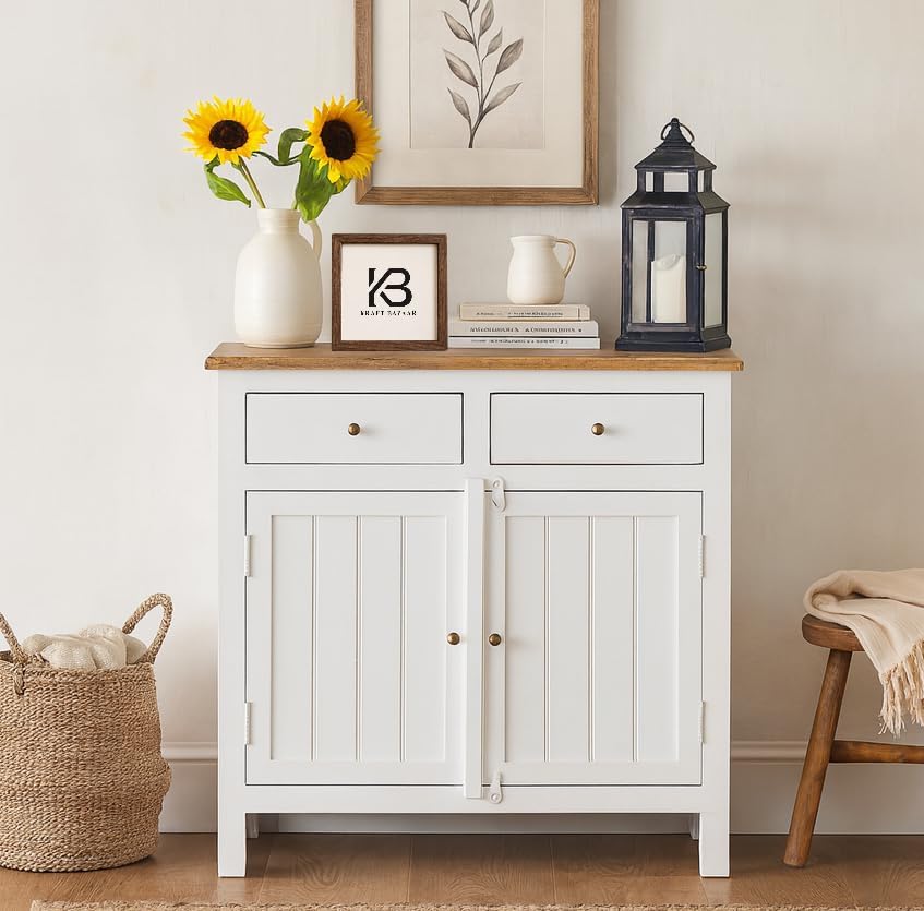 Image of Solid Wood Sideboard Cabinet with 2 Drawers | Tubaq Scratch-Resistant Top | White Distressed Edge | Storage for Living Room & Dining