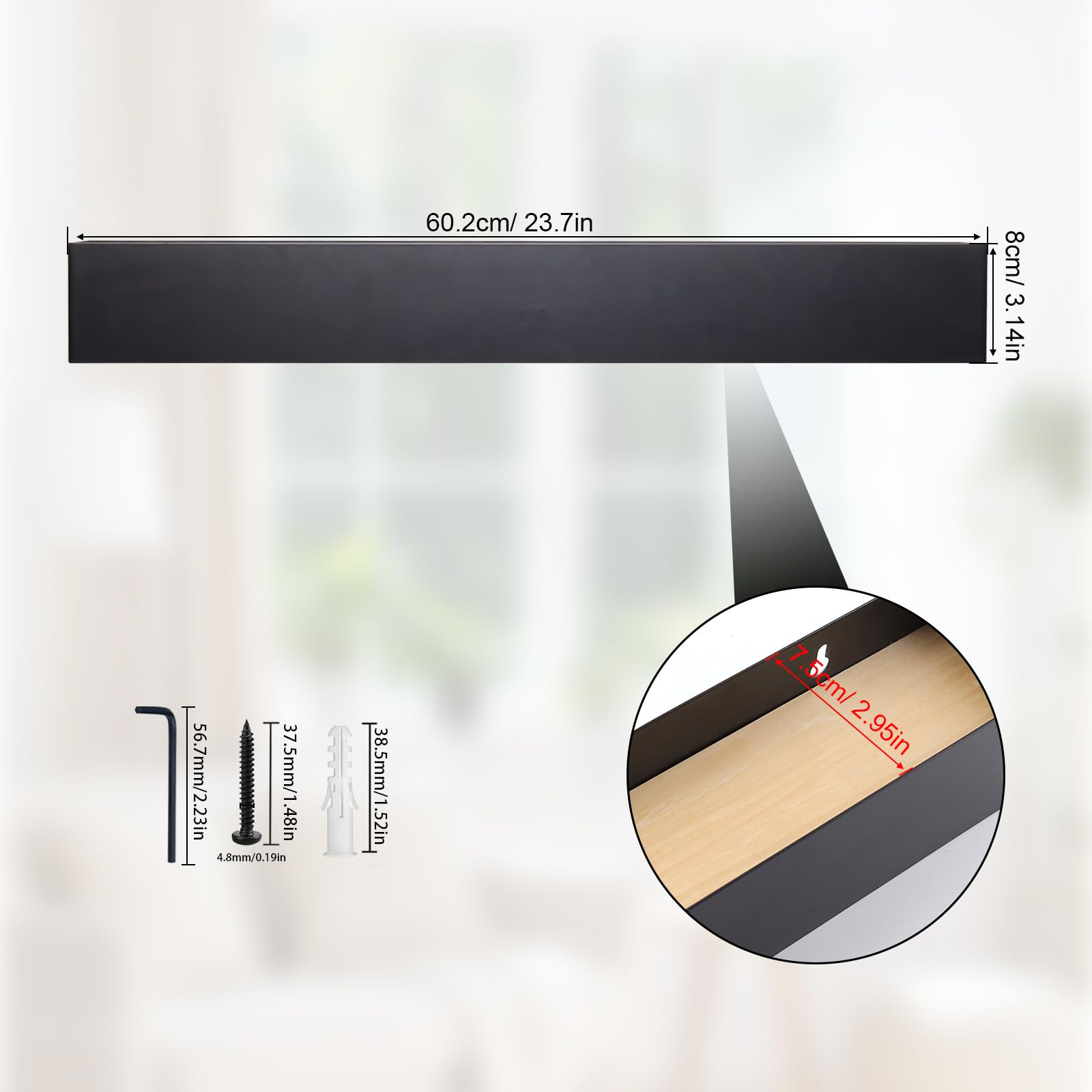 Garderobe Wand 60 cm, Schwarzer Wandhaken Garderobe, Wandgarderobe mit Ablage mit 7 Versteckten Haken, Schlicht und Passend für Verschiedene Einrichtungsstile, für Schlafzimmer, Wohnzimmer