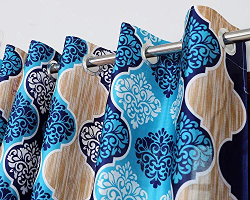 Image of Exporthub 2 Pieces Fancy Design Blue Floral Polyester Eyelet Long Door Curtains - Length 8 Feet, (EHSPR716 84)