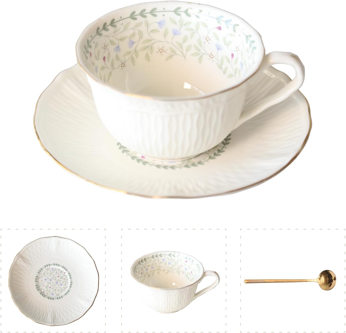 Vintage Floral Porcelain Tea Cup and Saucer Set with Spoon, Gold Trim, 6.4 oz – Set of 1, Light Blue – Tea & Espresso & Coffee Cups (1, Light Blue)