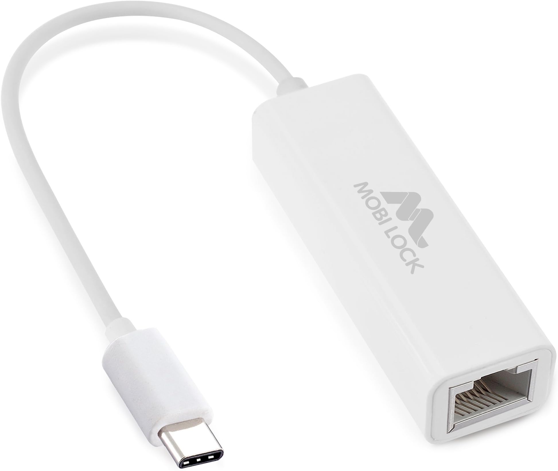 USB-C (3.1) Ethernet LAN Network Gigabit Adapter | Compatible for Fastest High Speed (1000 Mbps) Wired Ethernet Connection via USB Port | 20cm, White Gold-Plated Cable by Mobi Lock