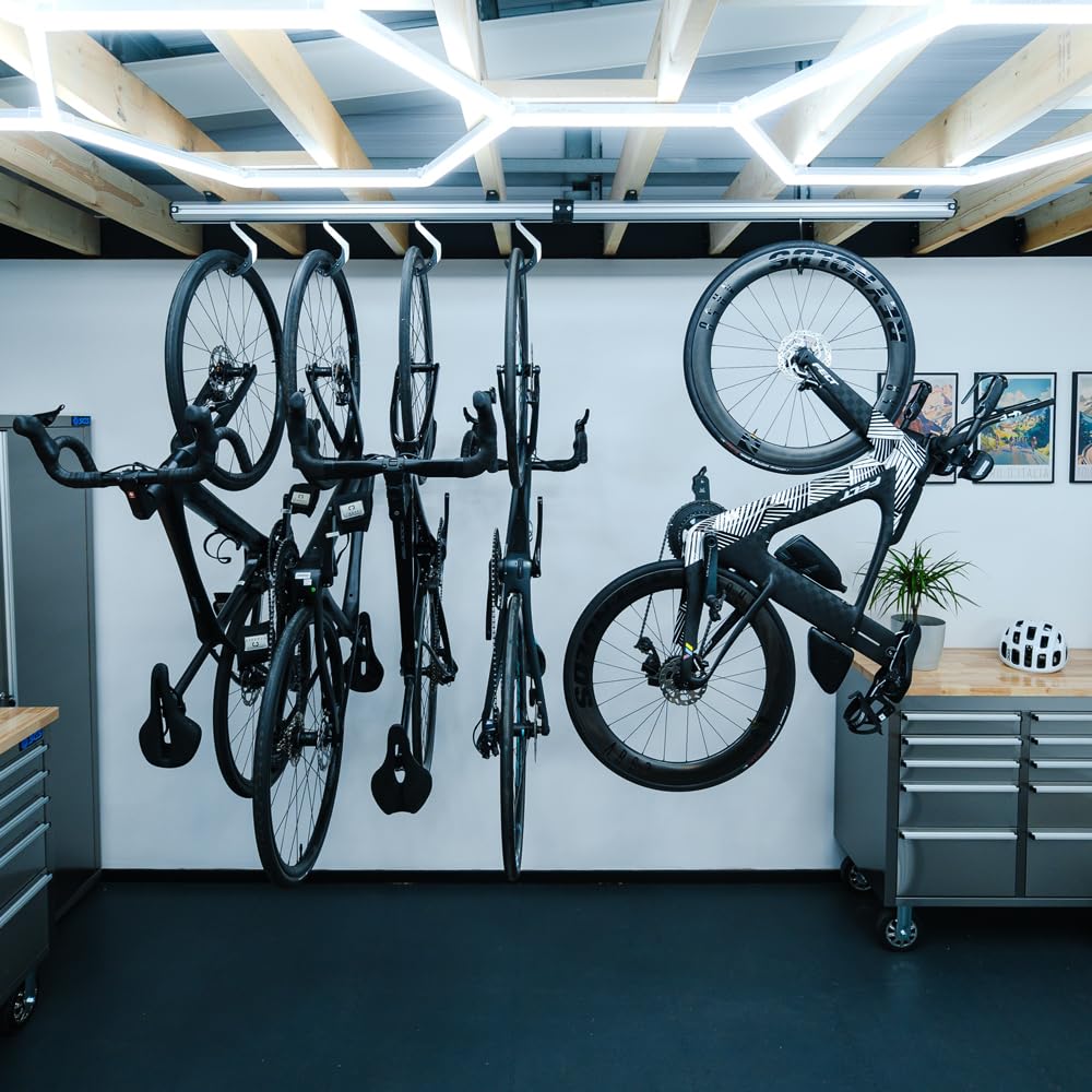 Stashed Black/Silver Spacerail Ceiling Mounted Bike Storage Rack For 8 Bikes, Heavy Duty 360 Patented Auto Lock Rotating Hook Garage Storage System, Expandable Modular Design