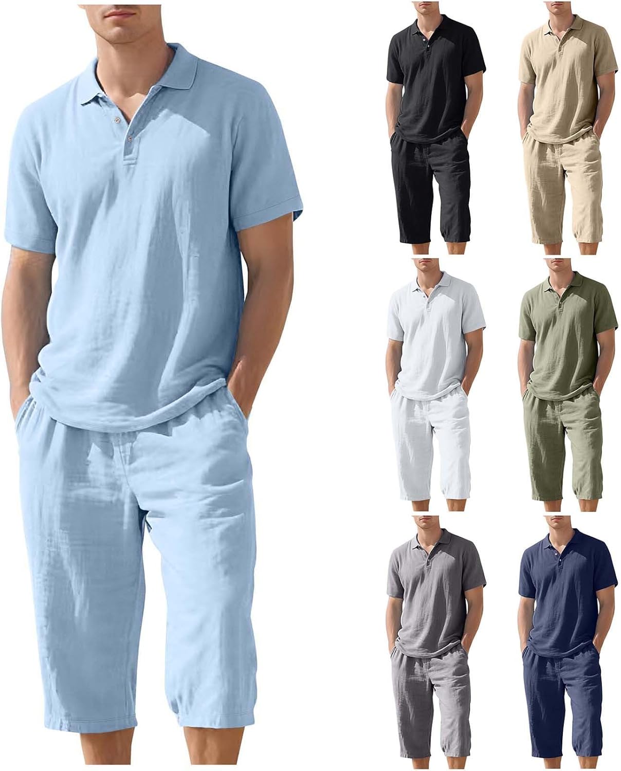 Cambkatl Mens Casual Cotton Linen 2 Piece Outfits - Lapel Short Sleeve Loose Lapel Shirt Matching Capri Pants Tracksuits