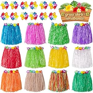 jollylife 12PCS Hawaiian Luau Hula Skirts + 12PCS Wristbands – Hibiscus Flowers Birthday Tropical Party Decorations Favors Supplies