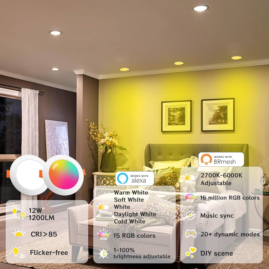 LED Reccessed Downlights, 12W Bluetooth APP Controlled, RGB Color Chan