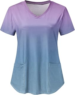Working Uniforms Women Love Heart Print Scrub_Tops V-Neck Short Sleeve Shirts with Pockets T-Shirt Valentine's Day