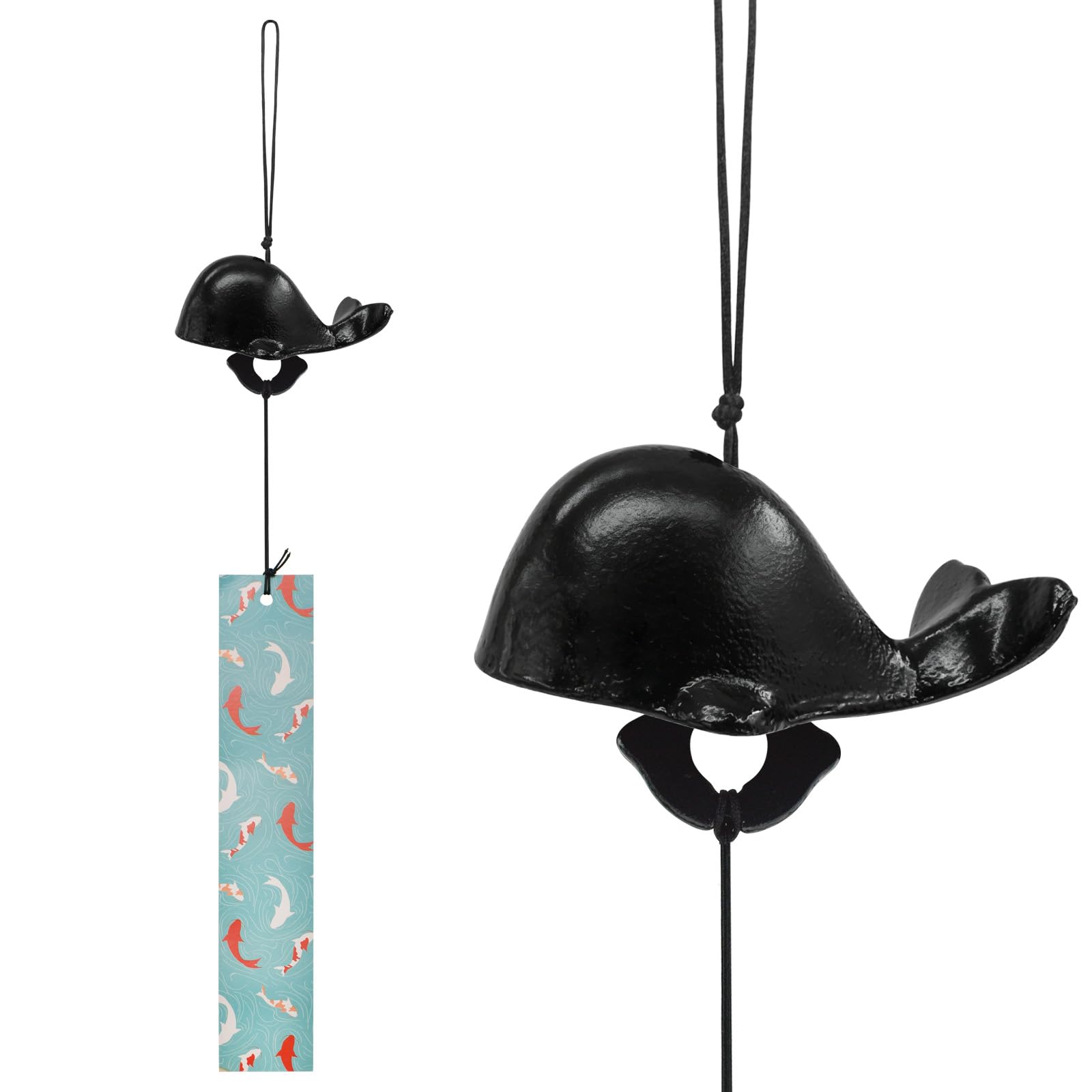 MrMrKura ウィンドチャイム 鋳鉄製 風鈴 金魚 クジラ 鉄風鈴 短冊付き 南部鉄器 レトロ 玄関 釣鐘 和風 インテリア 幸運 窓辺飾り 店舗用 プレゼント 夏の風物詩 (黒色 クジラ)
