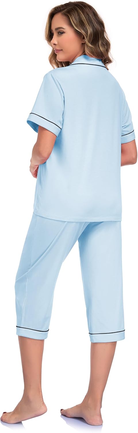 COLORFULLEAF Womens Cotton Pajama Sets Short Sleeve Button Down Sleepwear Summer Capri Pants Pjs with Pockets - Image 3