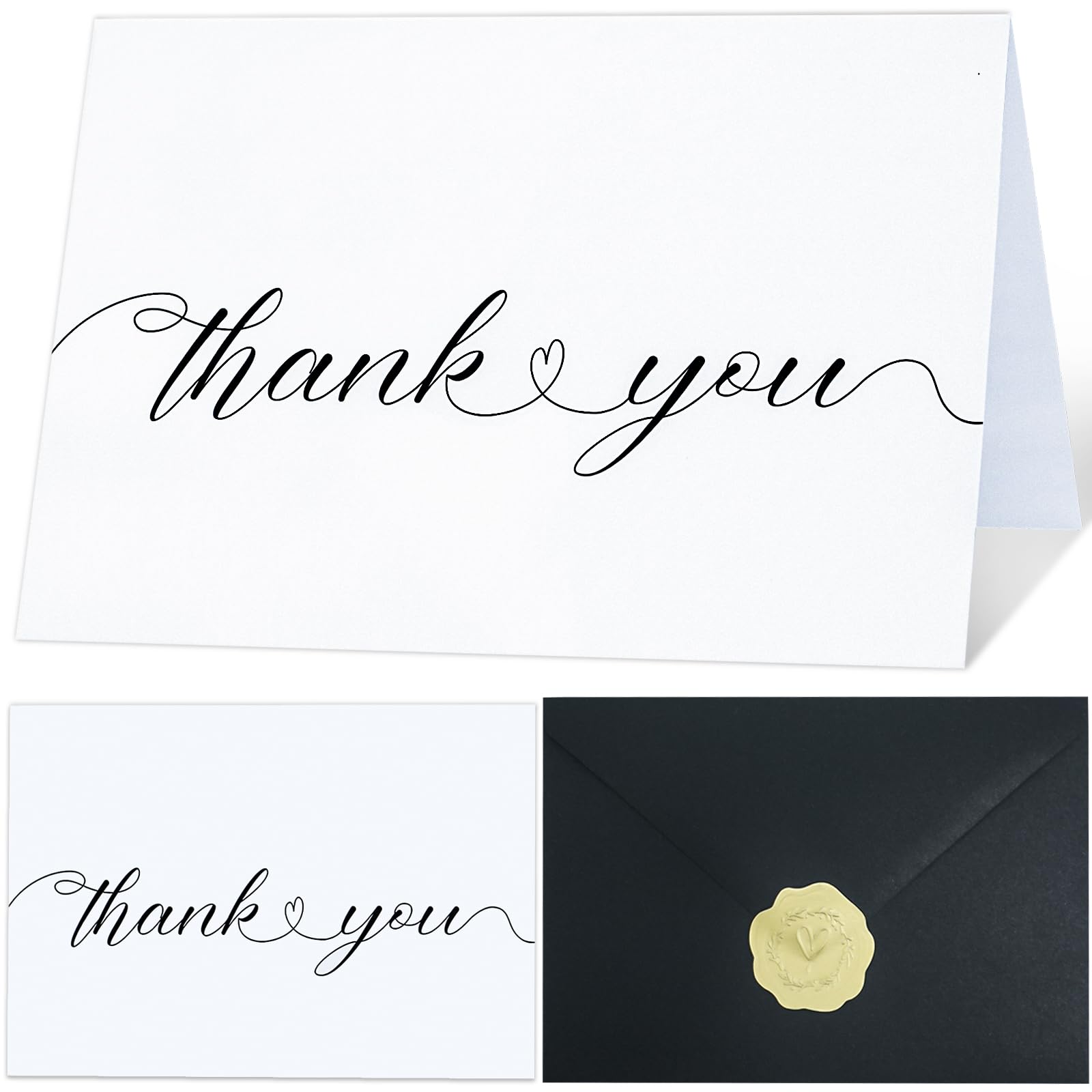 LYINUR 24 Pack Thank You Cards with 24 Black Envelopes and 25 Gold Foil Stickers, Thank You Cards Multipack for Teacher, Small Business, Wedding, Graduation, Christmas - 15 x 10 cm