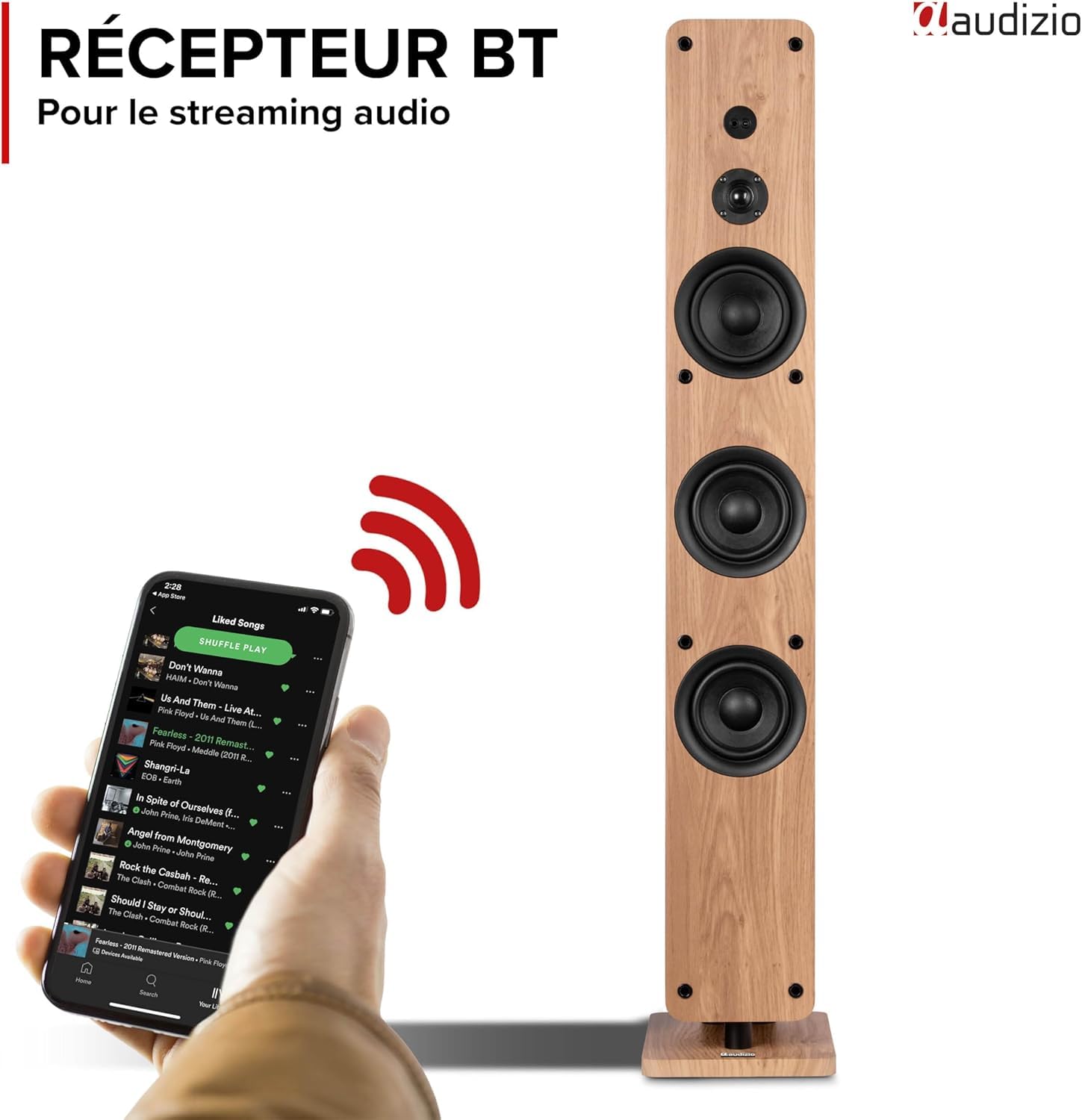 Audizio ARCO Tour De Son Hi-FI BT Chêne Clair 160W - Enceinte Colonne Active Amplifiée avec LED, Mode Stéréo, TV, Streaming et Salon