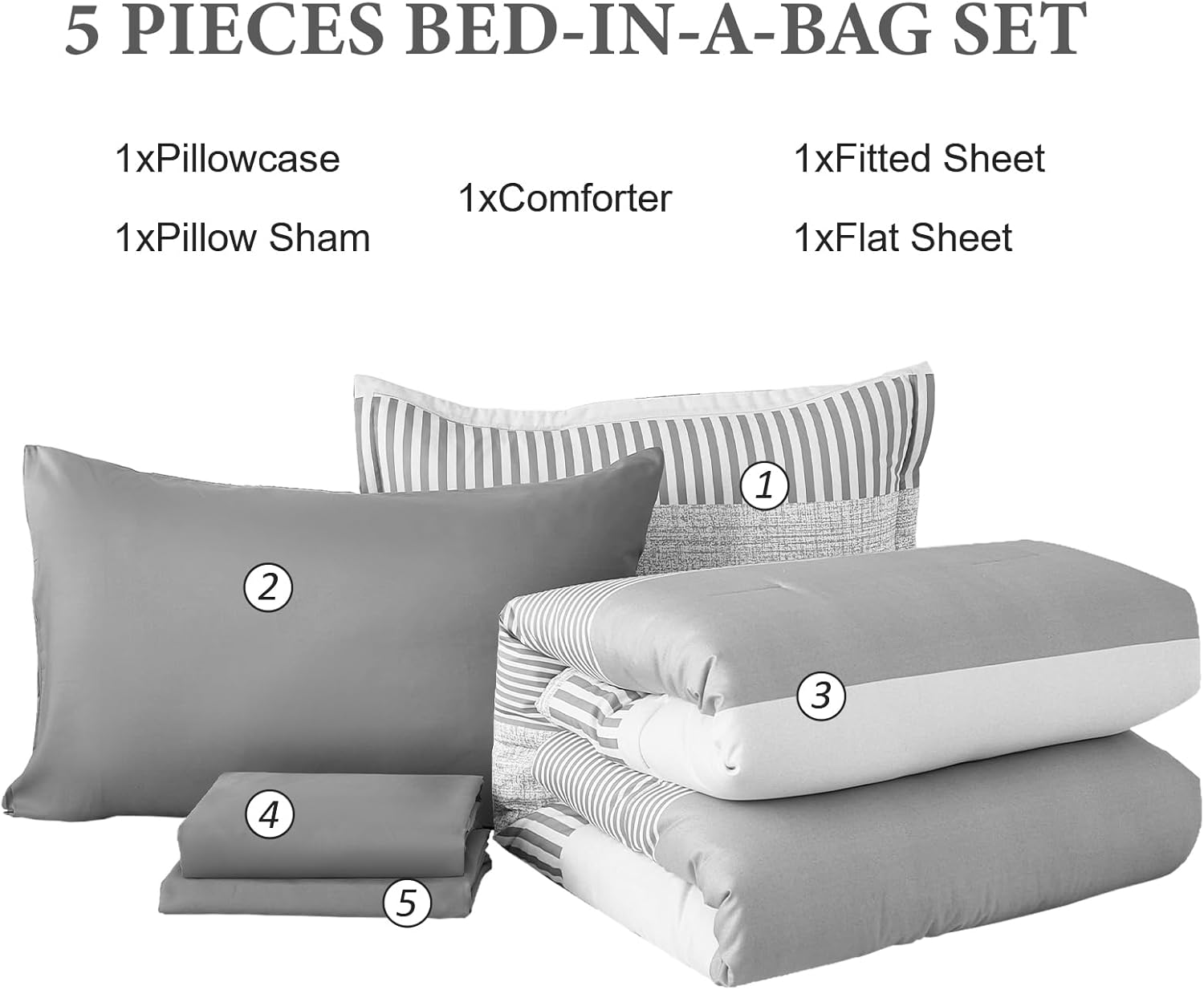 Twin Comforter Set,Classic Striped Design Comforter Set 5 Pieces,Gray Bedding Sets for College,Simple Neutral-Style Comfortable Comforter Set for Dorm
