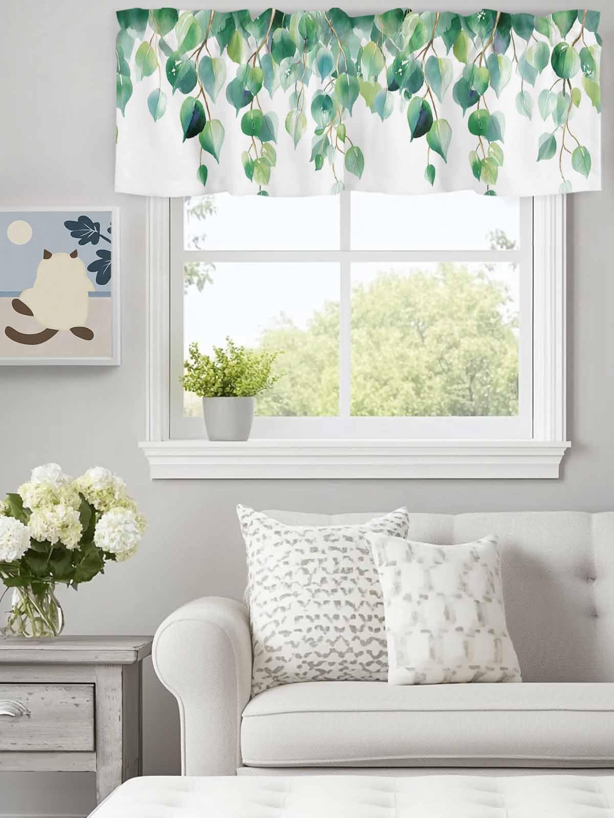 Watercolor Botanical Valances for Kitchen Windows,Green Leaves Curtain Valance,Plants Branch Short Curtains Rod Pocket Valances,White Back Window