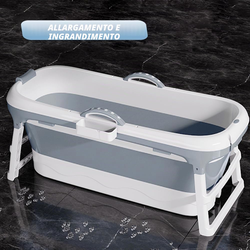 Vasca da bagno pieghevole per adulti, adatta per bagno, doccia e balcone. Ideale per bagni piccoli, dotata di cestino per il sapone e cuscino cervicale, pratica e portatile (118 x 60 x 53 cm, grigio)
