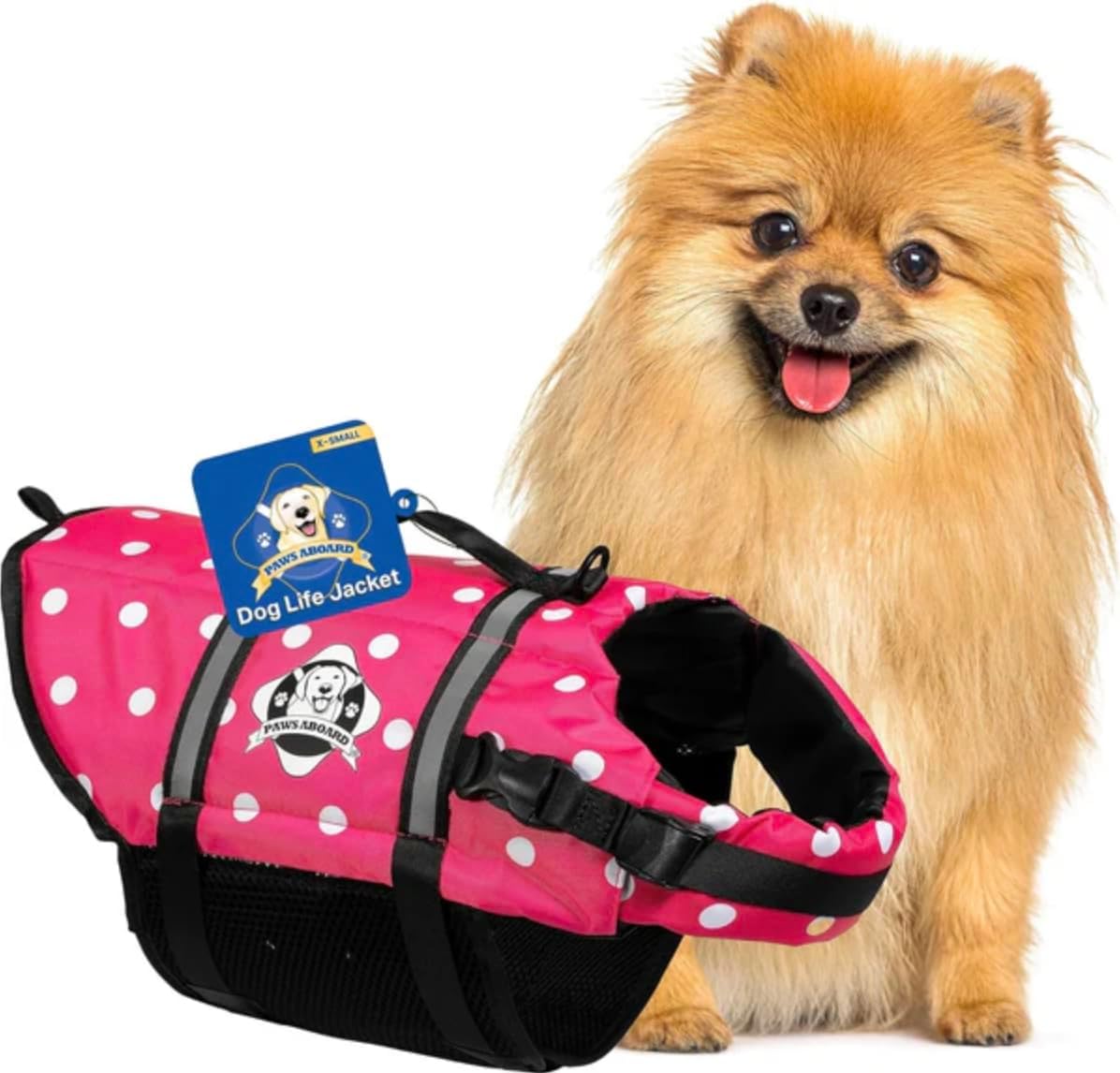 Dog Life Jacket - Swimming Vest for Dogs, Adjustable, Reflective, Comfortable, Multiple Colors, Patterns, XX-Small to Extra Large Dog Swim Vest with Handle (Pink Polka Dot, X-Small)