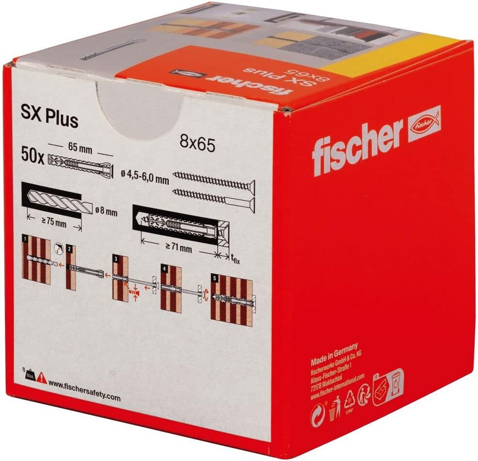 fischer 568108 SX Plus Expansion Wall Plug, 8mm x 65mm, Pack of 50