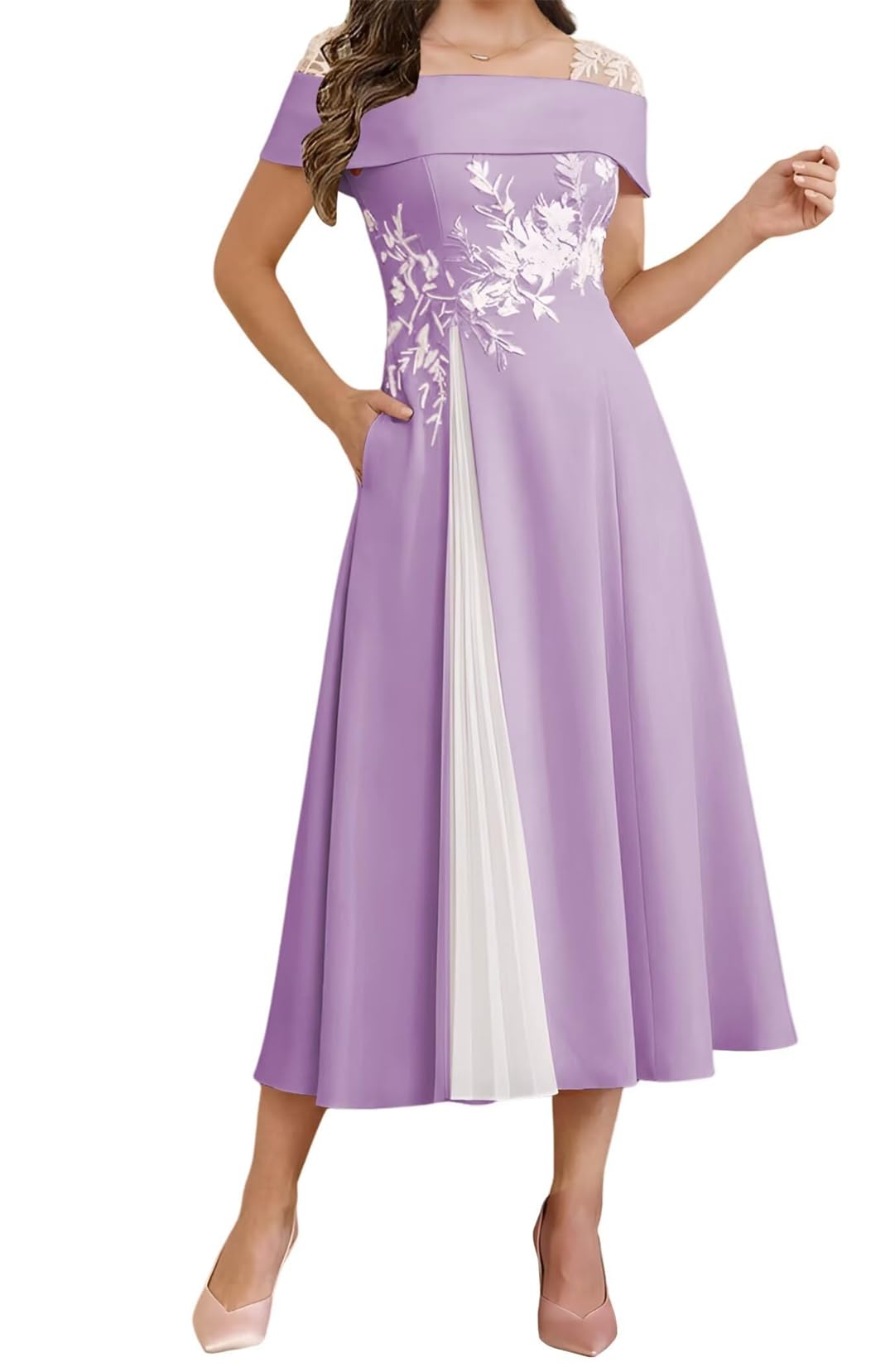 WISIYLE Lace Applique Bridesmaid Dresses Cap Sleeve Prom Mother of The Bride Dress A Line Wedding Formal Gowns WQL011 Light Purple UK18