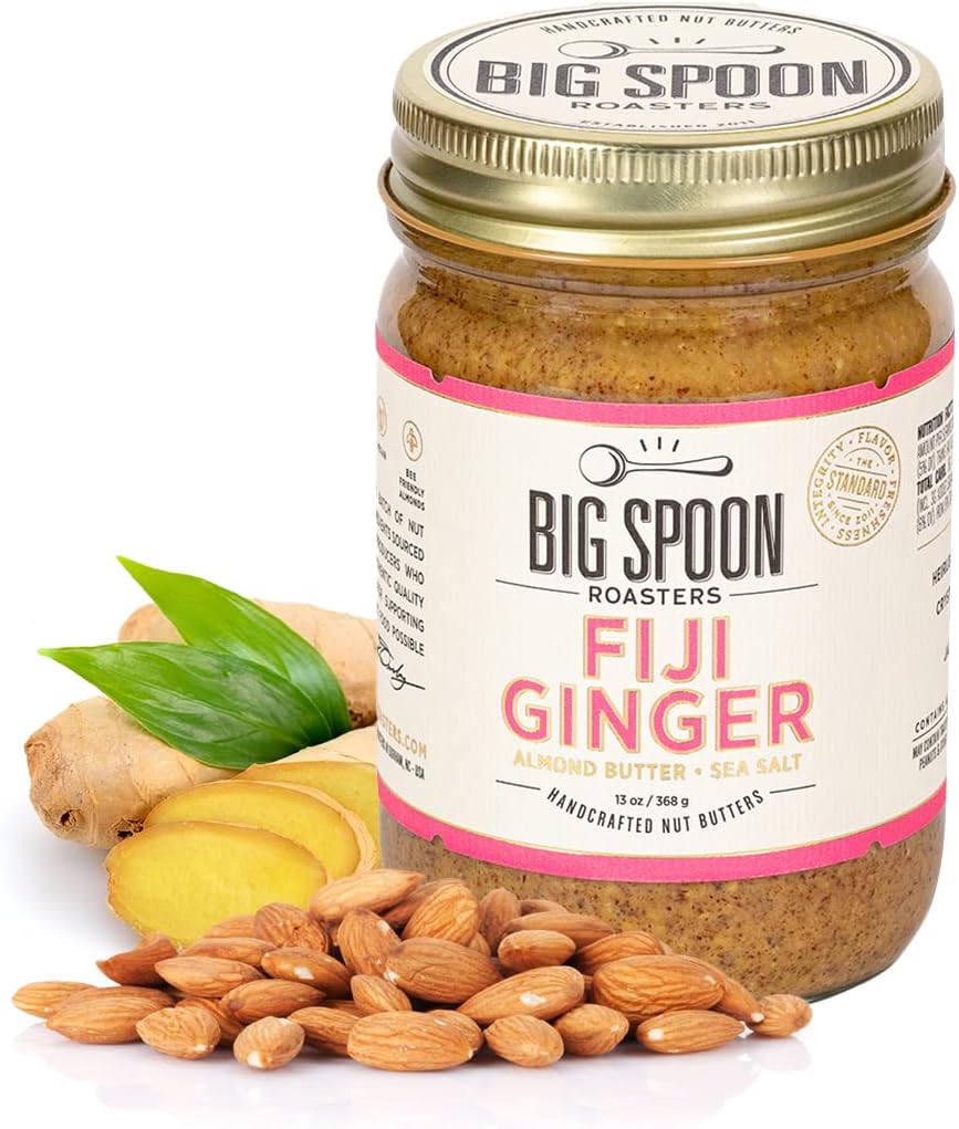 Big Spoon Roasters Fiji Ginger Almond Butter with Sea Salt - Keto Friendly, Low Sugar Almond Butter - Crunchy & Bee-Friendly Almonds - Gourmet, Pure, Vegan Almond Nut Butter - 13 Ounces