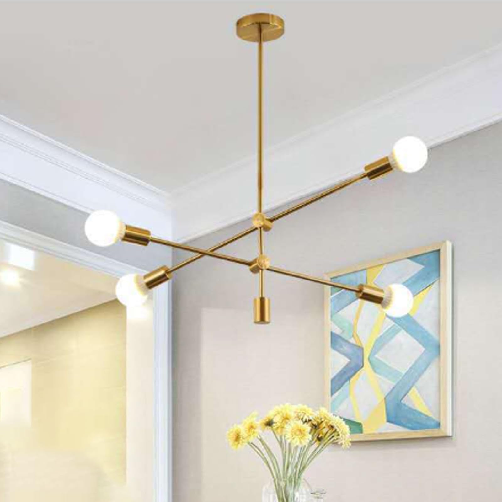 E27 Industrial Pendant Light 360° Rotatable Chandelier Black/Gold Iron Retro Pendant Lights Sputnik Indoor Decorative (Bulb not Included) for Dining Room Bedroom (Gold,4)