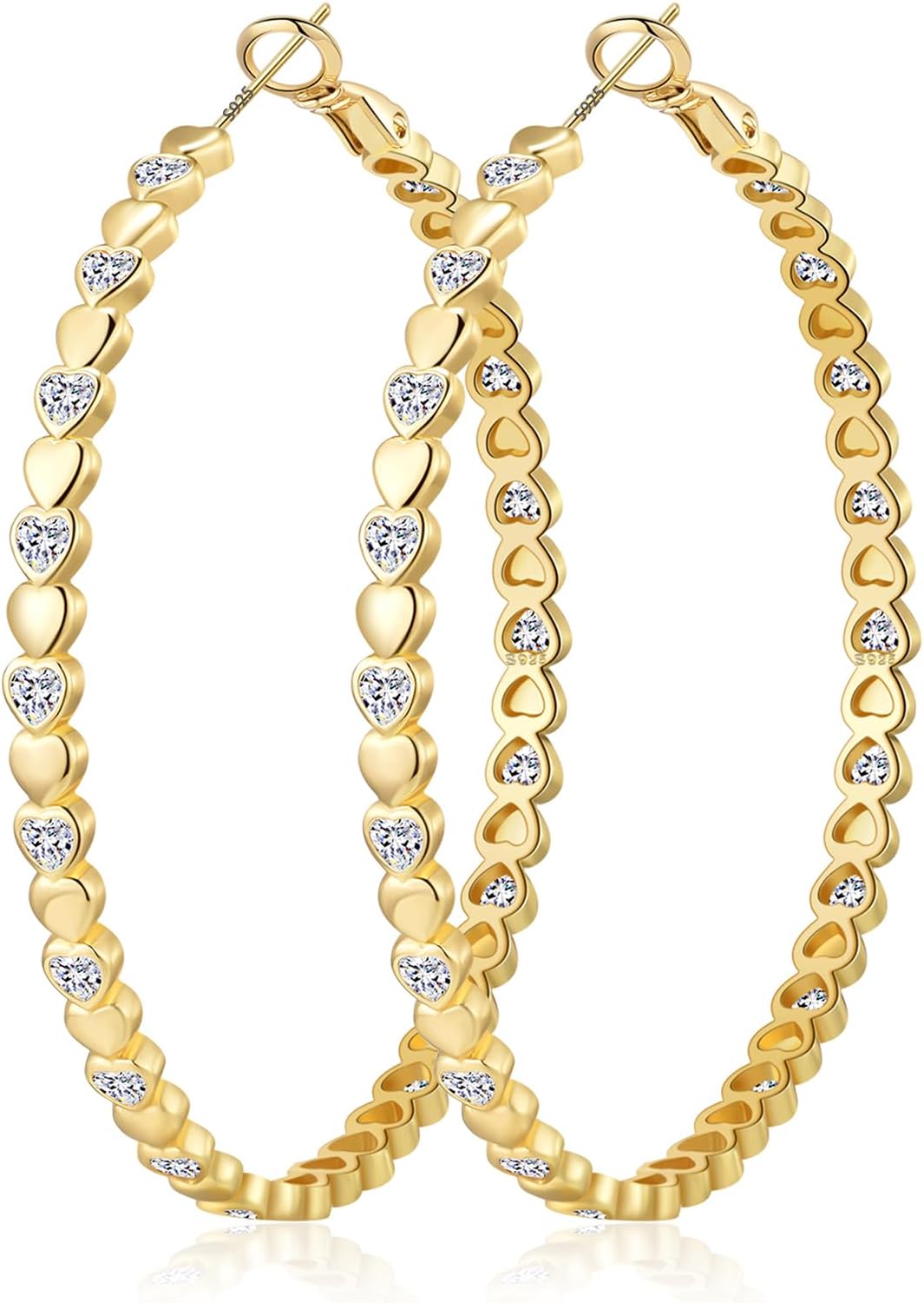 OOOPEL Heart Cubic Zirconia Large Hoop Earrings for Womens 925 Silver 14k Gold Plated Hypoallergenic Rhinestone Hoops Earring Sparkly Jewelry Gift 30/40/50/60mm