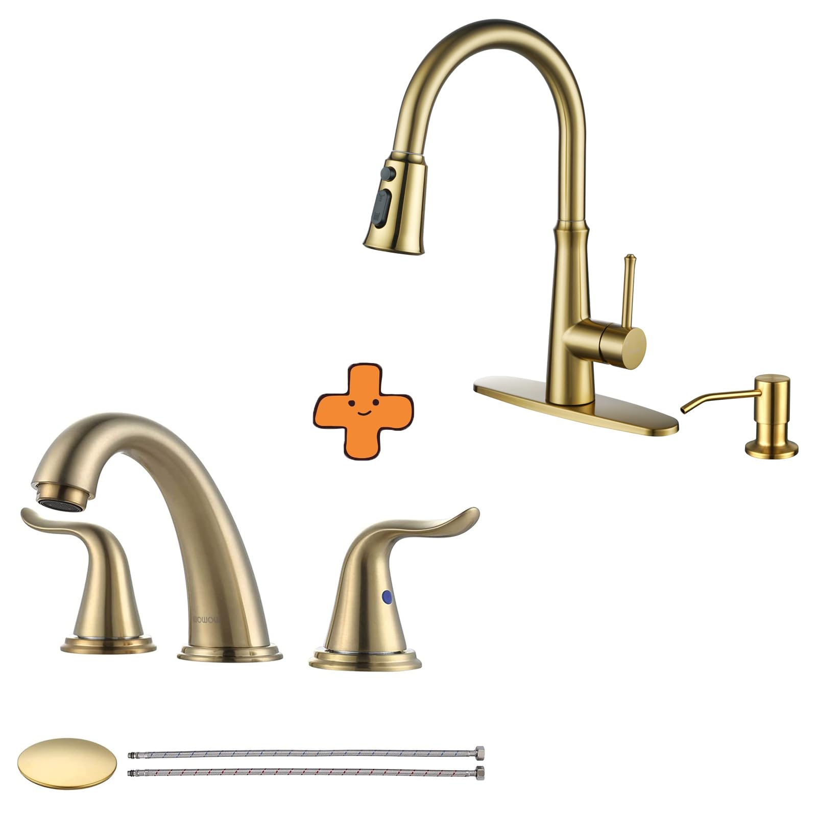Jnfidosr Gold Widespread Bathroom Faucet Brushed Bathroom Sink Faucet 3 Hole Vanity Faucet 2 Handle And Kitchen Faucet With Sprayer, Single Handle High Arc Stainless Steel Kitchen Faucet