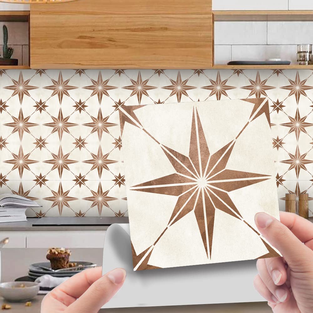 Tile Stickers 15x15cm Beige Brown Star Self Adhesive Tiles Waterproof Stick on Home Decor for Kitchen Bathroom Wall (10 Pcs)