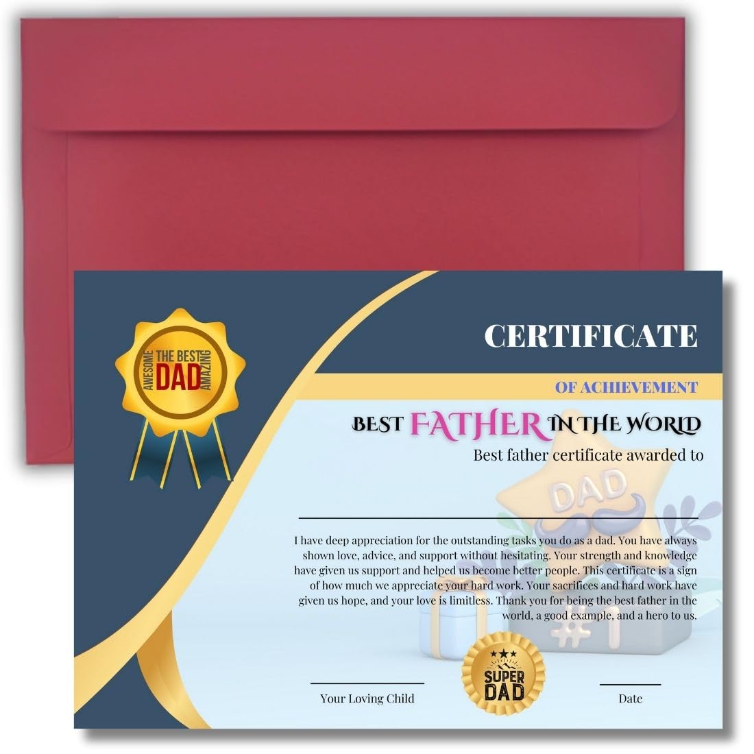 AanyaCentric A4 Size 8.3 x 11.7 inch World Best Father Certificate Printed Dad Birthday Greeting Card for Papa Dad Daddy Big Day - without Frame Folder Case