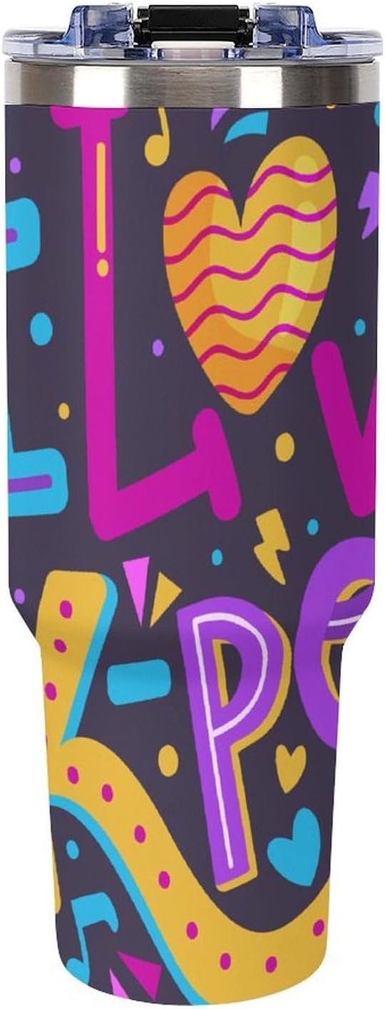 40 oz Insulated Tumbler with Handle and Lid & Straw Stainless Steel Vacuum Water Bottle Reusable Travel Mug for Men & Women Black Handle I love k-pop Pattern