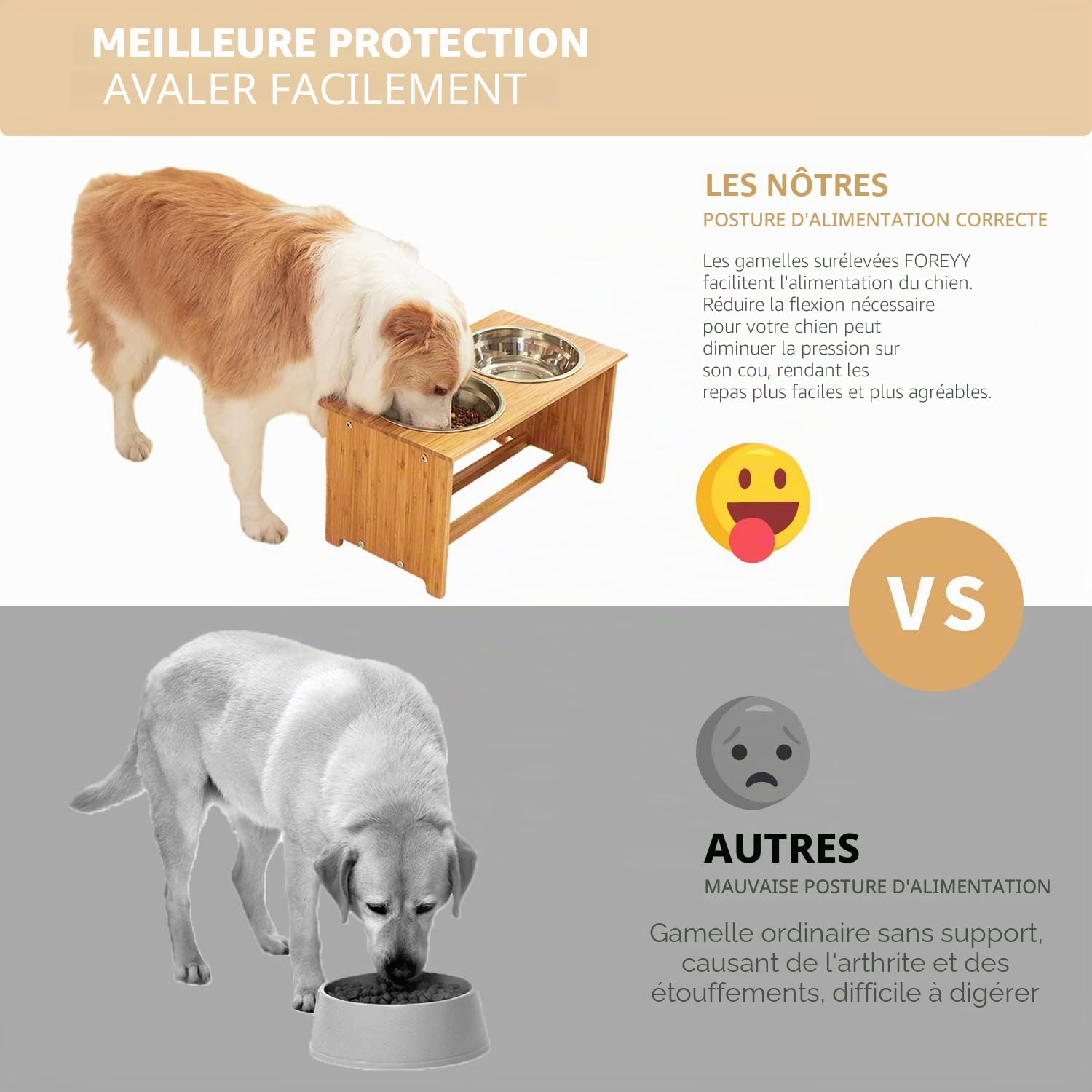 FOREYY Gamelles surélevées - pour Chiens et Chats - Supports surélevés en Bambou avec 2 gamelles d'eau et de Nourriture en Acier Inoxydable - avec Pieds antidérapants (Large - 25.4 cm High)