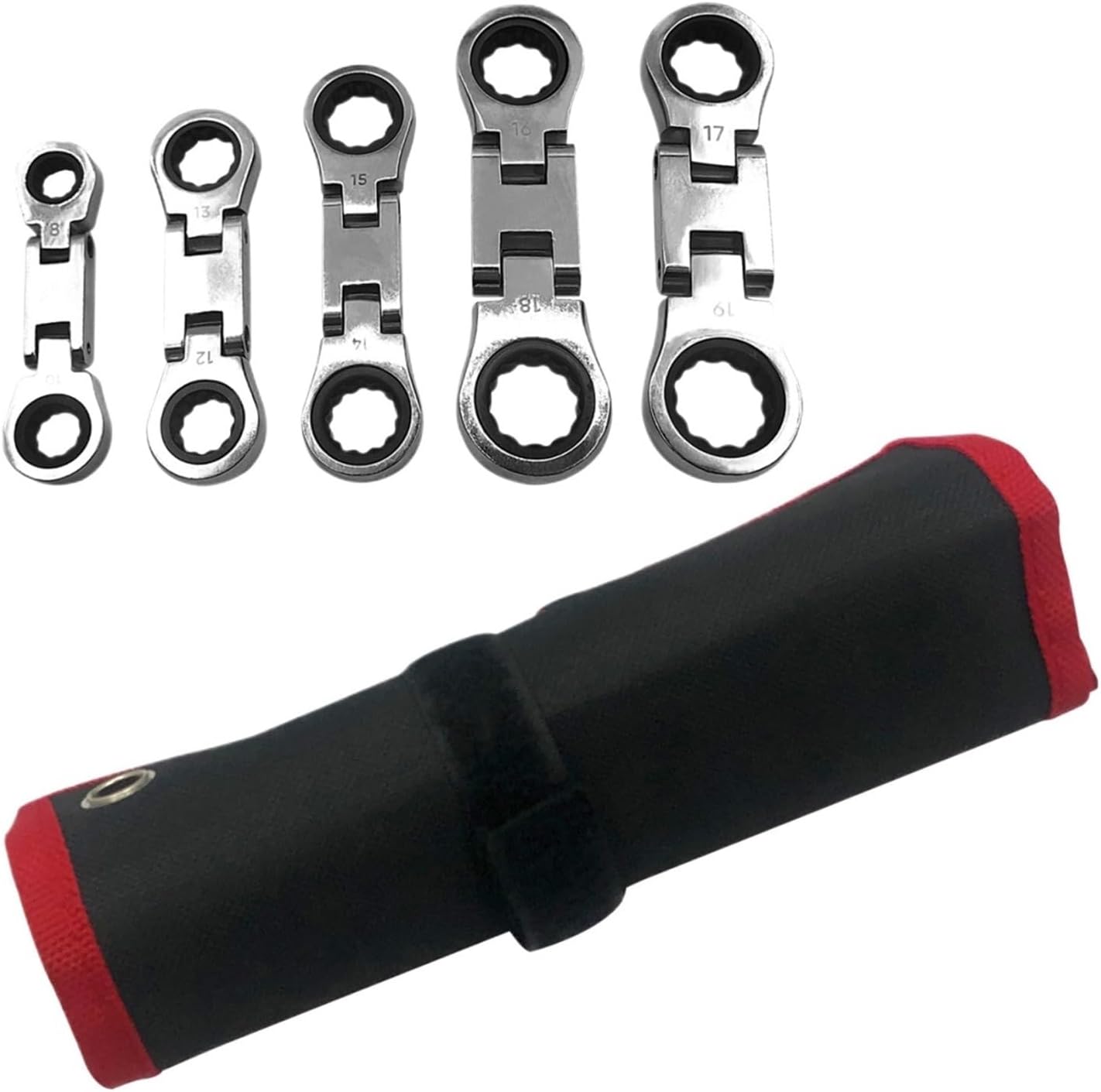 5-Piece stubby Flex-Head ratcheting wrench set metric combination 72-Teeth, with Rolling Pouch 8m10m12m13m14m15m16m17m18m19m