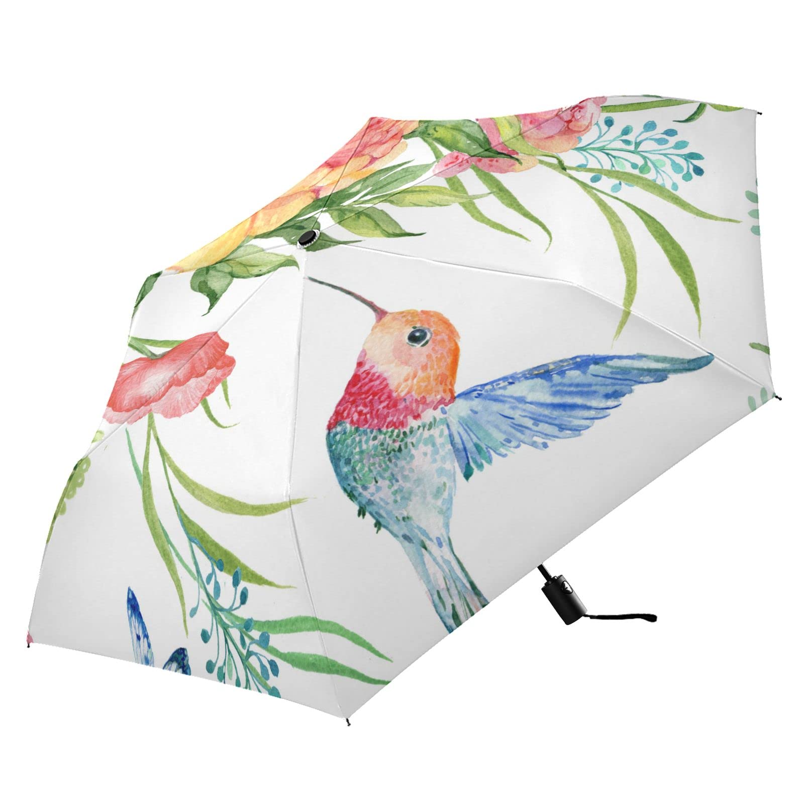 Colorful Floral Dahlia, Lupine, Butterflies, Humming Birds on White Automatic Windproof Waterproof Umbrella, Folding Umbrella Reinforced Portable Compact UV Protection Sun rain Auto Open/Close