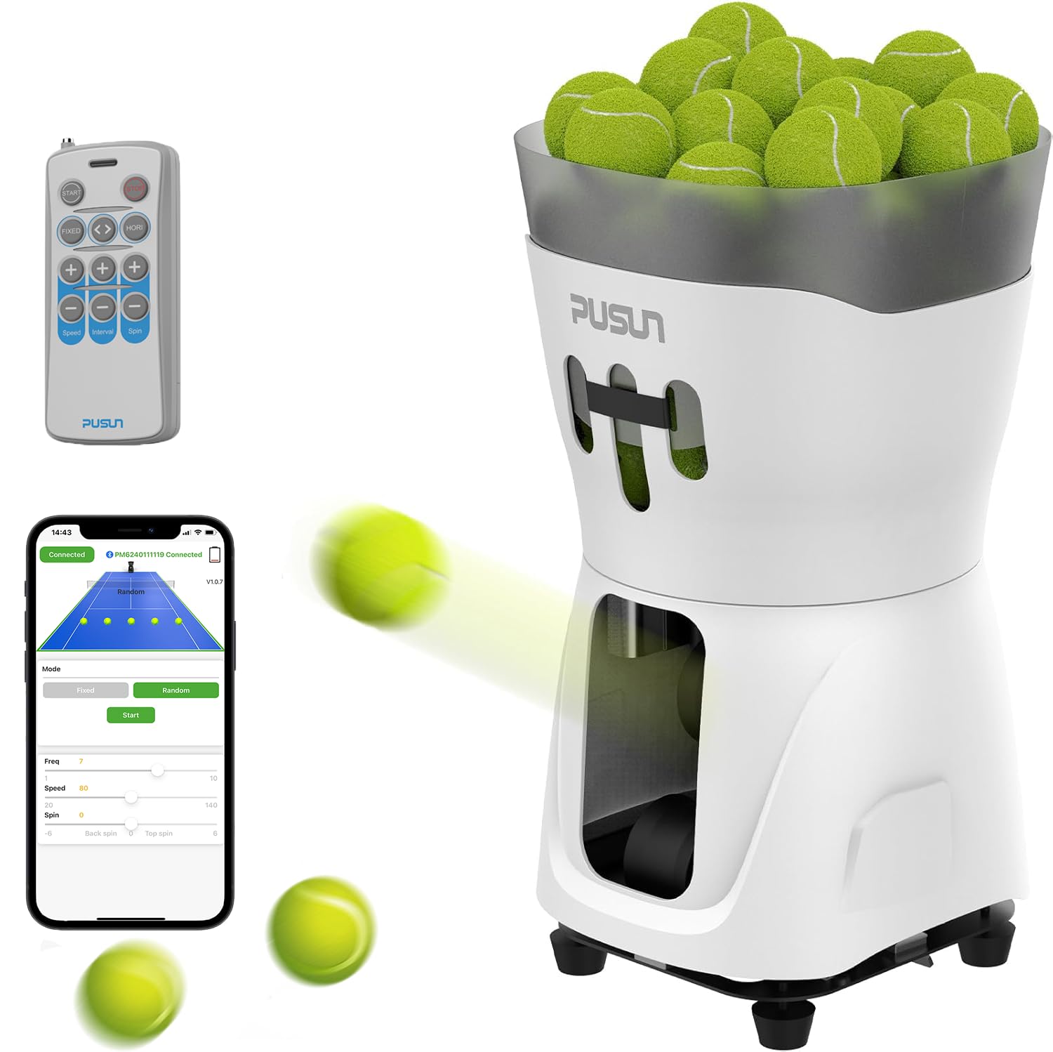 Tennis Ball Machine, Tennis Ball Shooter for Beginners, Dual-Control via App&Remote, 65+Ball Capacity, Random/Backhand/Forehand Training, Adjustable Speed/Spin/Frequency, Lightweight&Mini Size
