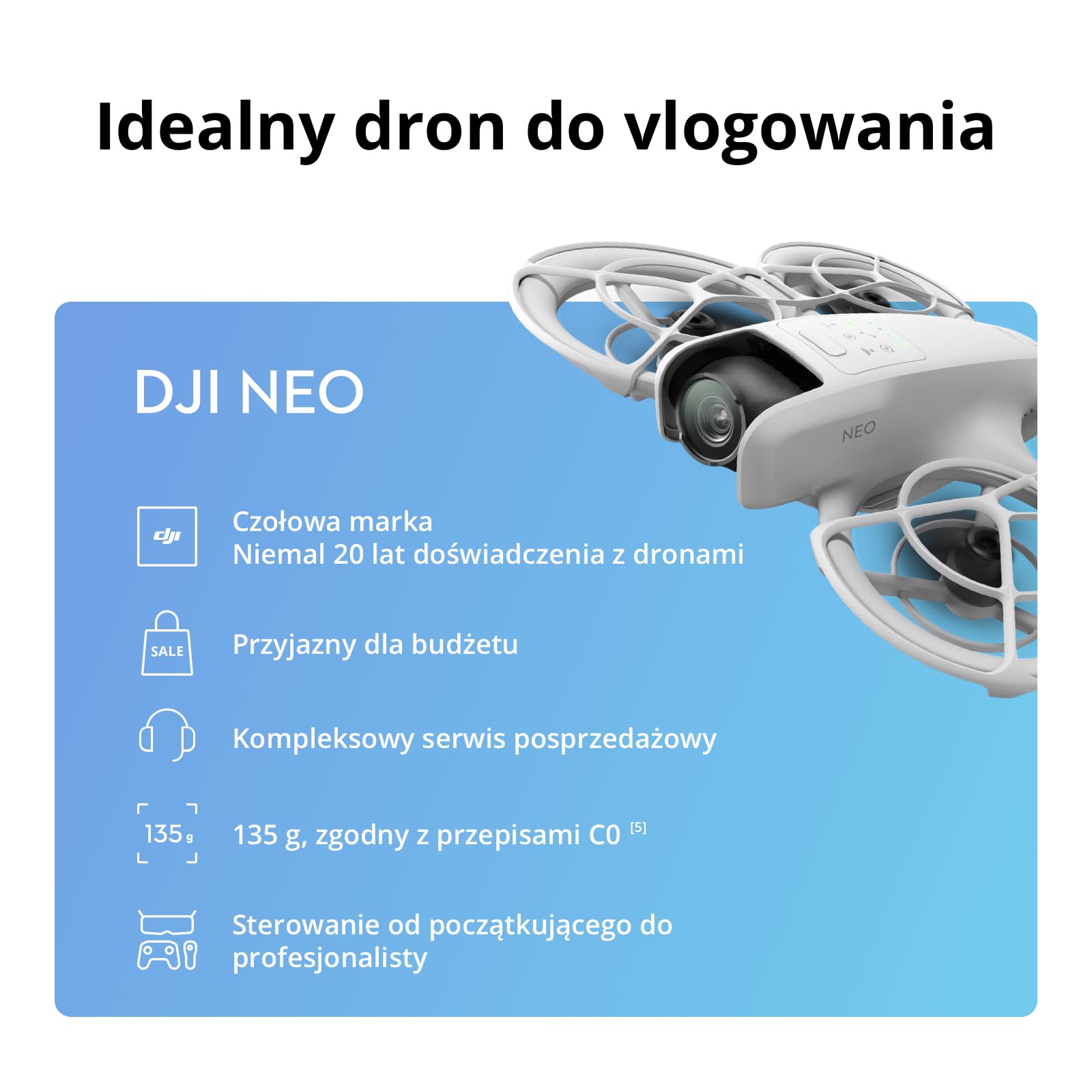 DJI Neo, mini dron z kamerą 4K UHD dla dorosłych, 135 g samodzielnie latający dron śledzący użytkownika, start z dłoni, śledzenie obiektu, QuickShots, stabilizacja wideo (nie wymaga kontrolera)