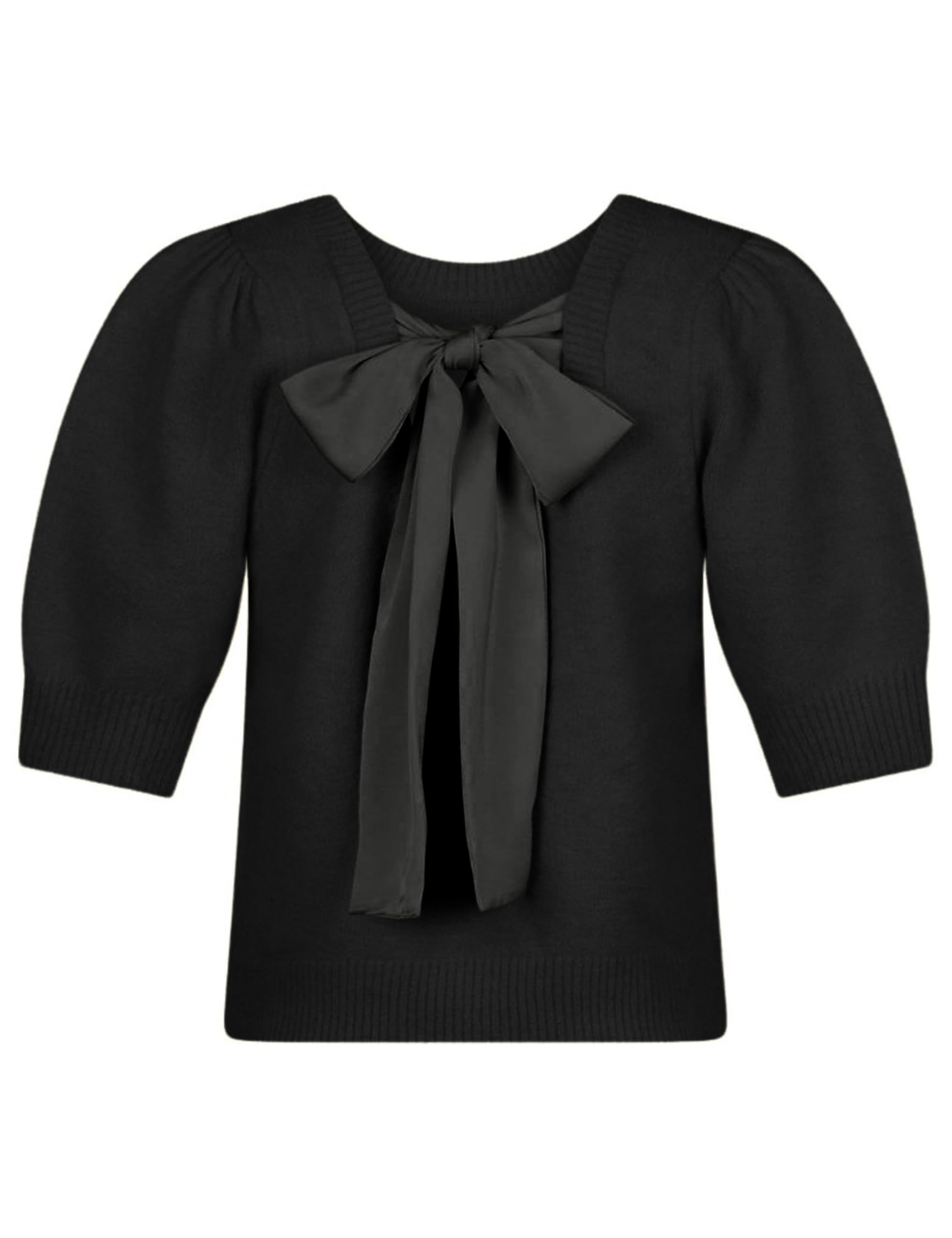 Springrain Bow Sweater Women Casual Puff Short Sleeve Crew Neck Tie Back Knit Pullover Tops