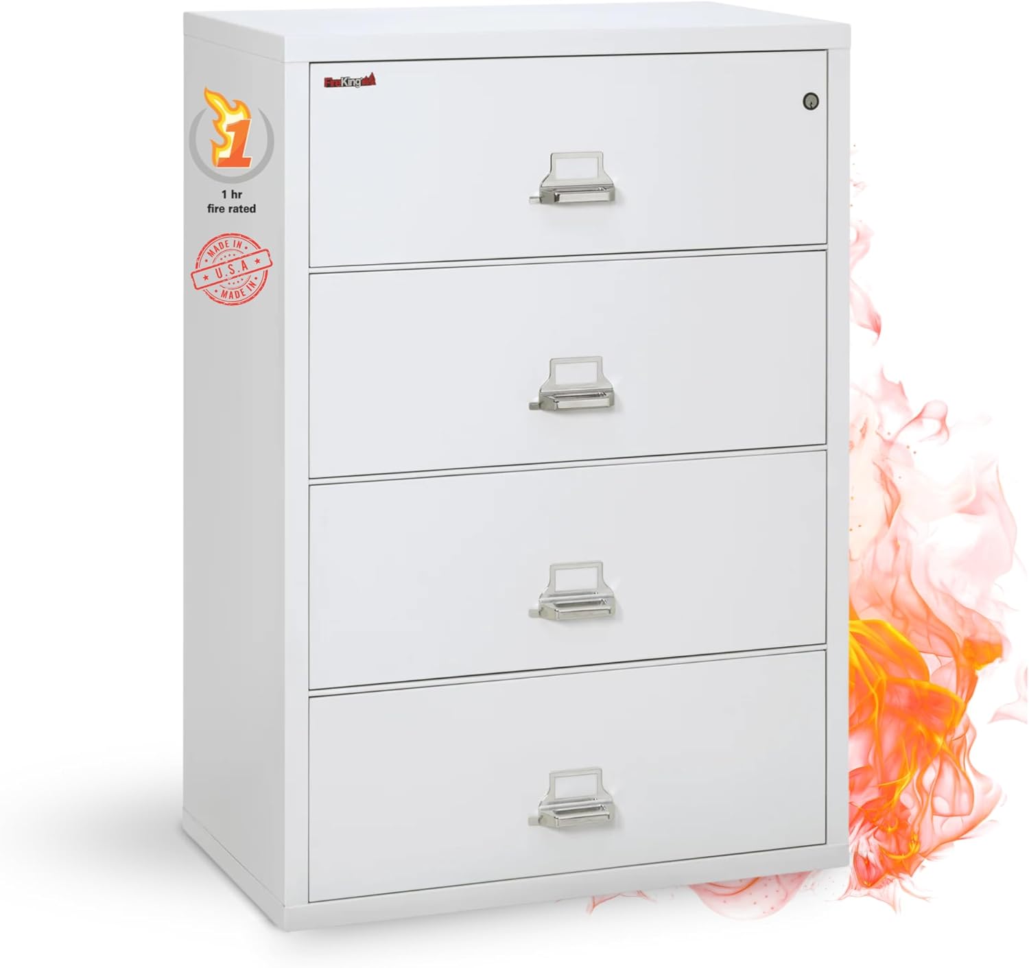 Fireking Fireproof Lateral File Cabinet (4 Drawers, Impact Resistant, Water Resistant), 38" W x 22" D, Arctic White, Made in USA
