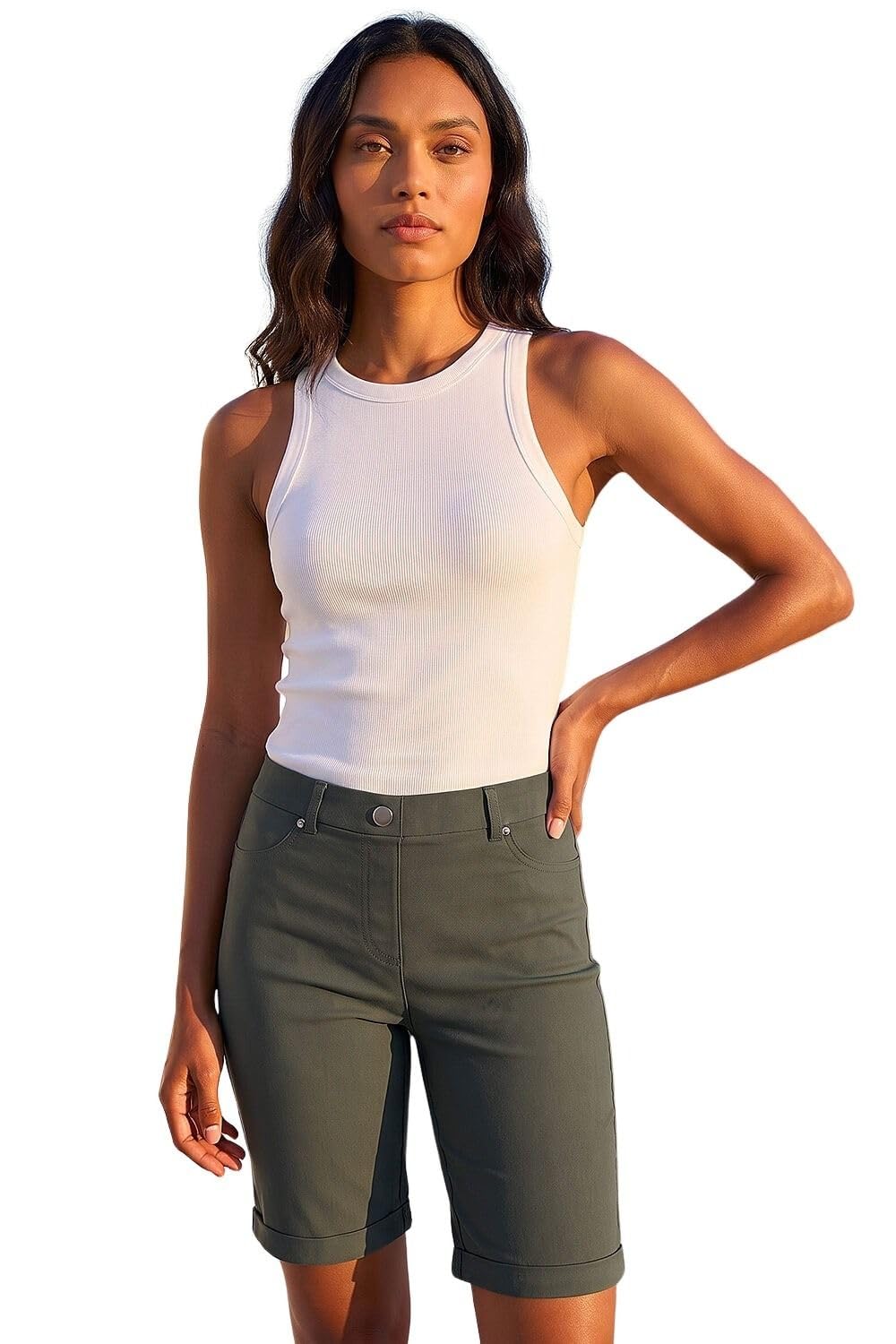 Roman Women's Elastic Waist Turn Up Stretch Shorts Size 14 Green