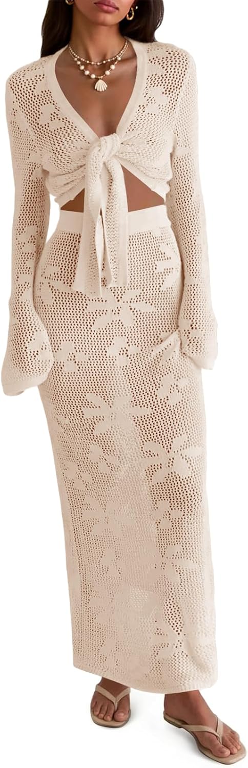 Saodimallsu Womens Crochet Swim Cover Up 2 Piece V Neck Long Sleeve Wrap Tie Crop Tops Beach Boho Maxi Coverup Set