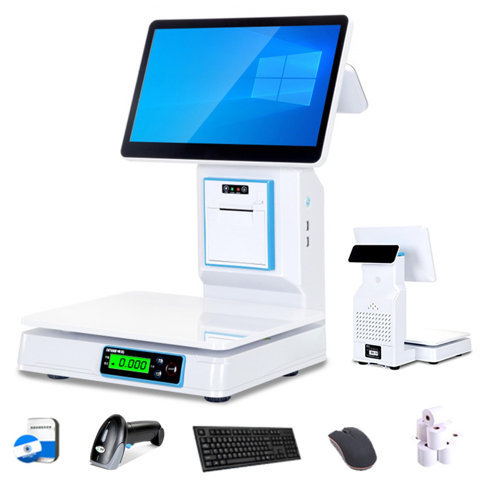 TPV con Báscula, Pantalla Táctil Capacitiva De 15,6", Terminal TPV con Escáner Portátil Y 10 Rollos De Papel, Caja Registradora con Teclado E Impresora. para Restaurantes Singlescreen