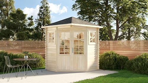 5-Eck Gartenhaus Modell Sunny-A aus Holz in Naturbelassen, Holzhaus mit