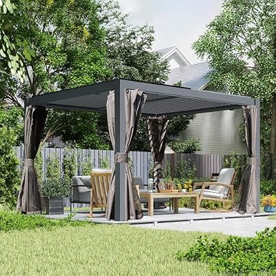 Domi Outdoor Pergola 10' x 12', Aluminum Louvered Pergola with Adjustable Louvers, Full Aluminum Frame, Built-in Gutter System, Modern Patio Gazebo for Deck Garden Patio, Gray