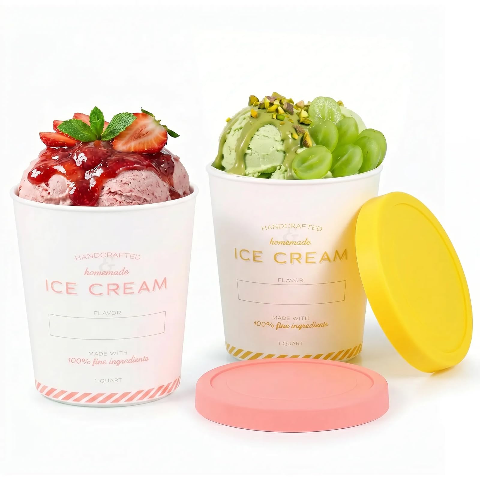 CBWERBB 2Pcs Ice Cream Tubs,950ml/32oz Reusable Ice Cream Containers Freezer Storage Tubs for Homemade,Gelato,Sorbet,Dessert,Soup(Pink+Yellow)