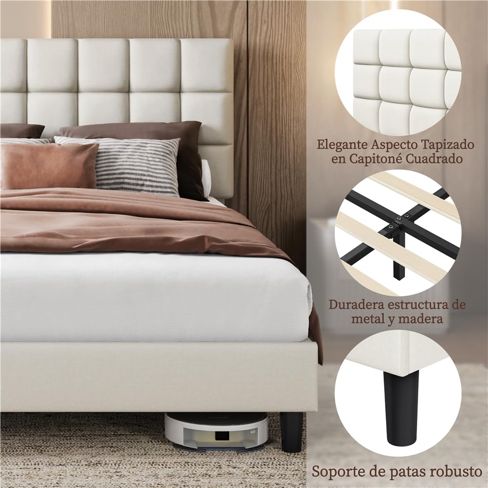 Yaheetech Marco de Cama Doble Acolchado Cuadrado 140×200cm Cabecero Ajustable en Altura con Base de Listones Color Beige