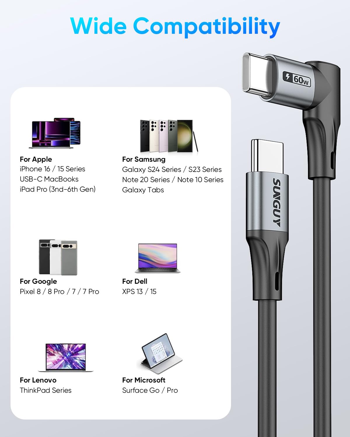 SUNGUY Coiled USB C to USB C Cable, 2-Pack 5FT【Comfortable Length:1.3-3.3FT】, Right Angle USB-C for Car, USBC to USBC Android Auto Carplay, for iPhone 17 16 15 Pro Max, Galaxy S24 S23 S22 (Grey) - Image 7