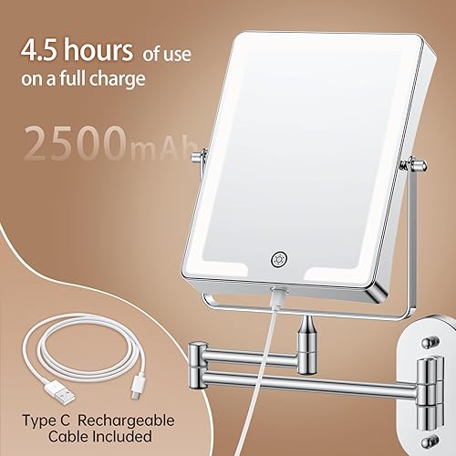 Miniatura 2 de FASCINATE Espejo de maquillaje recargable montado en la pared, espejo de baño rectangular de 8.7 pulgadas de doble cara 1X 10X aumento, ajuste de 3