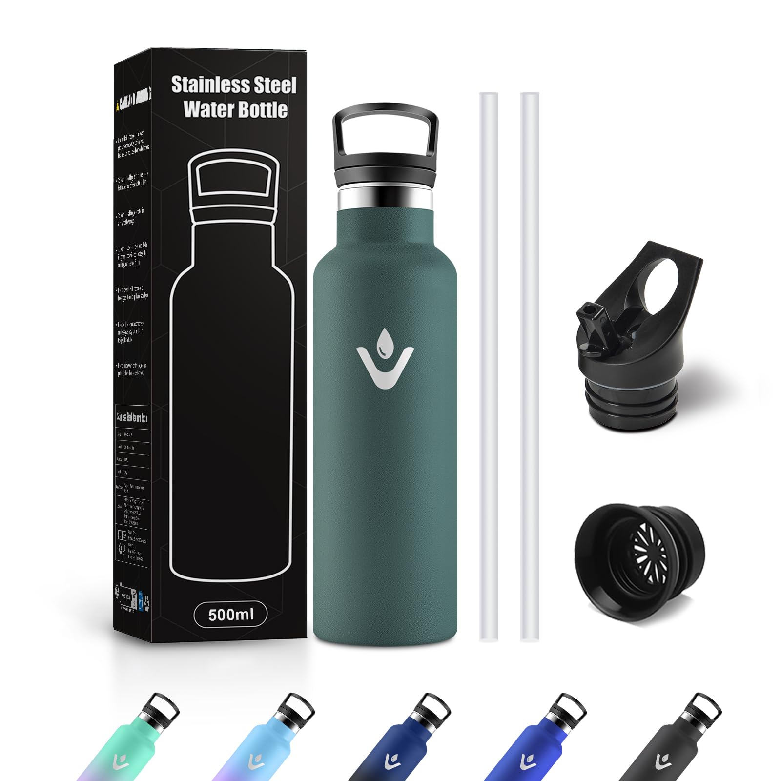 Borraccia Acciaio Inox 500ml, Bottiglia Acqua con Cannuccia, Riutilizzabile, senza BPA, a prova di perdite, Termos per Scuola, Campeggio