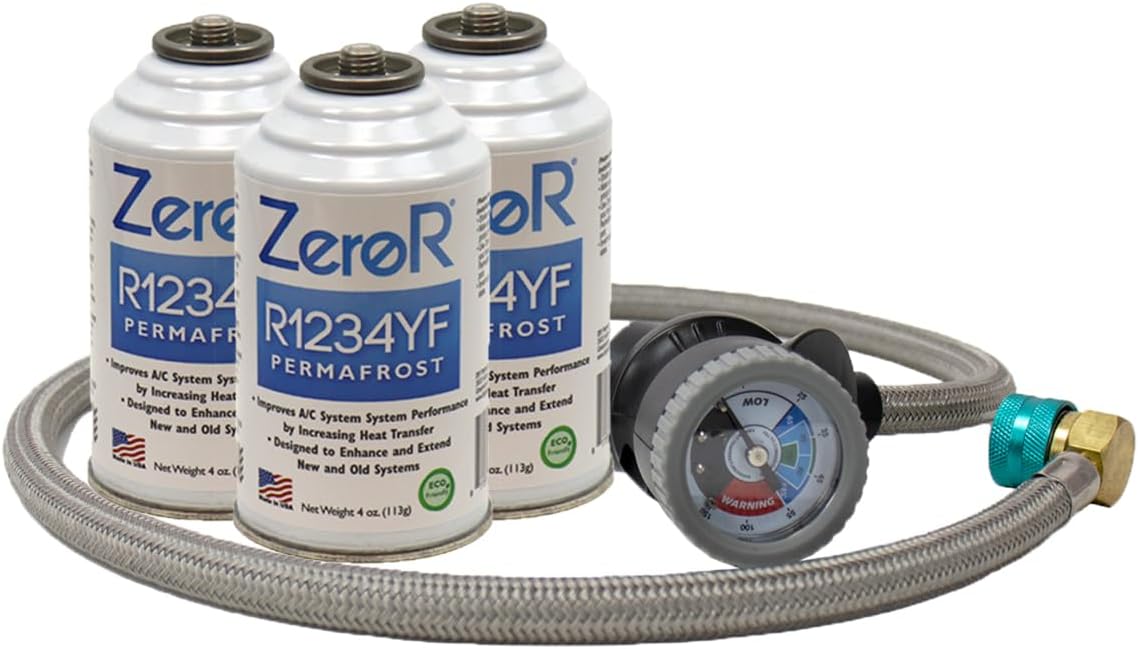 ZeroRยฎ Performance Booster Kit for R1234YF Refrigerant AC Systems | 4oz Cans of ZeroR Performance Booster | 36" Steel Can Tap & Gauge