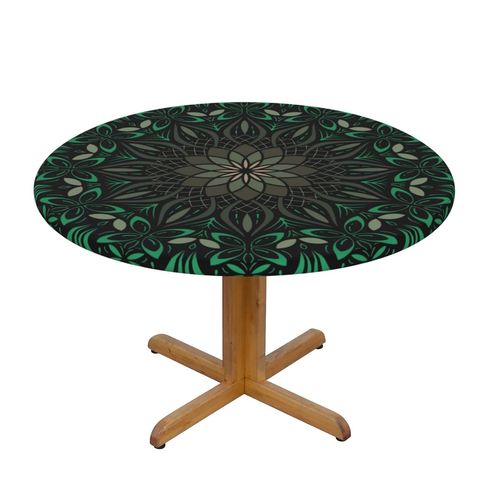 Lsjuee Round Fitted Tablecloth 45-50in Elastic Edged Table Cloth for Kitchen Dining Party Home Decor - Mandala Green Psychedelic Black