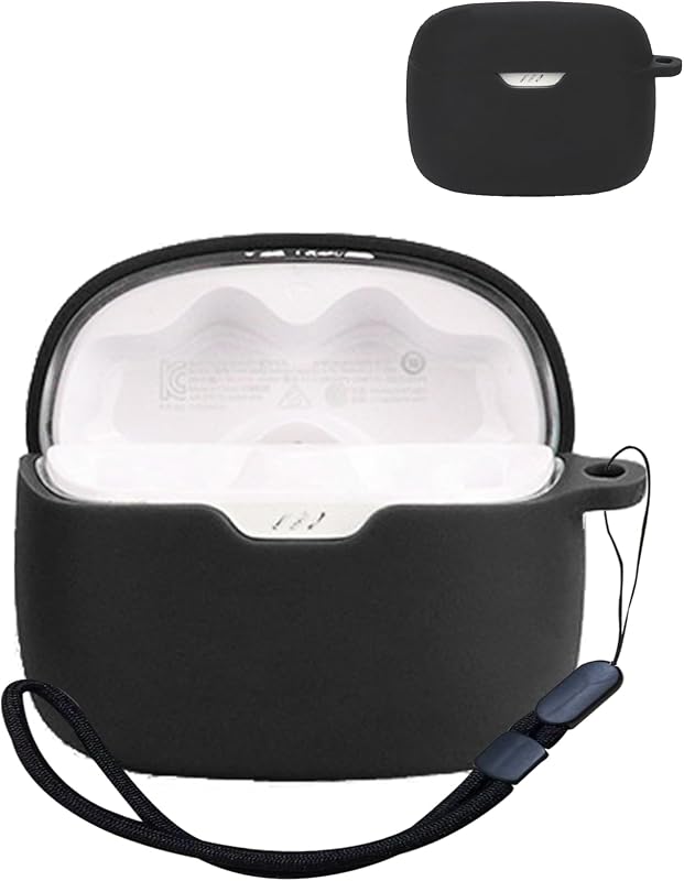 Compatible con auriculares con cancelación activa de ruido JBL Tune 245NC TWS, protección de silicona premium contra golpes, puerto de carga táctil para la piel accesible, LED frontal visible con cordón,negro.